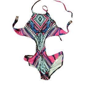 Girls' Pink & Blue Patterned One-Piece Swim Suit - Brand Unspecified